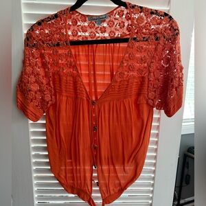 Orange Lace Button-Up Top
